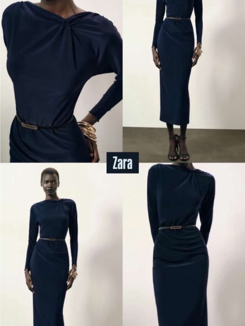 Zara Navy Twist-Neck Long-Sleeve Midi Dress with Belt